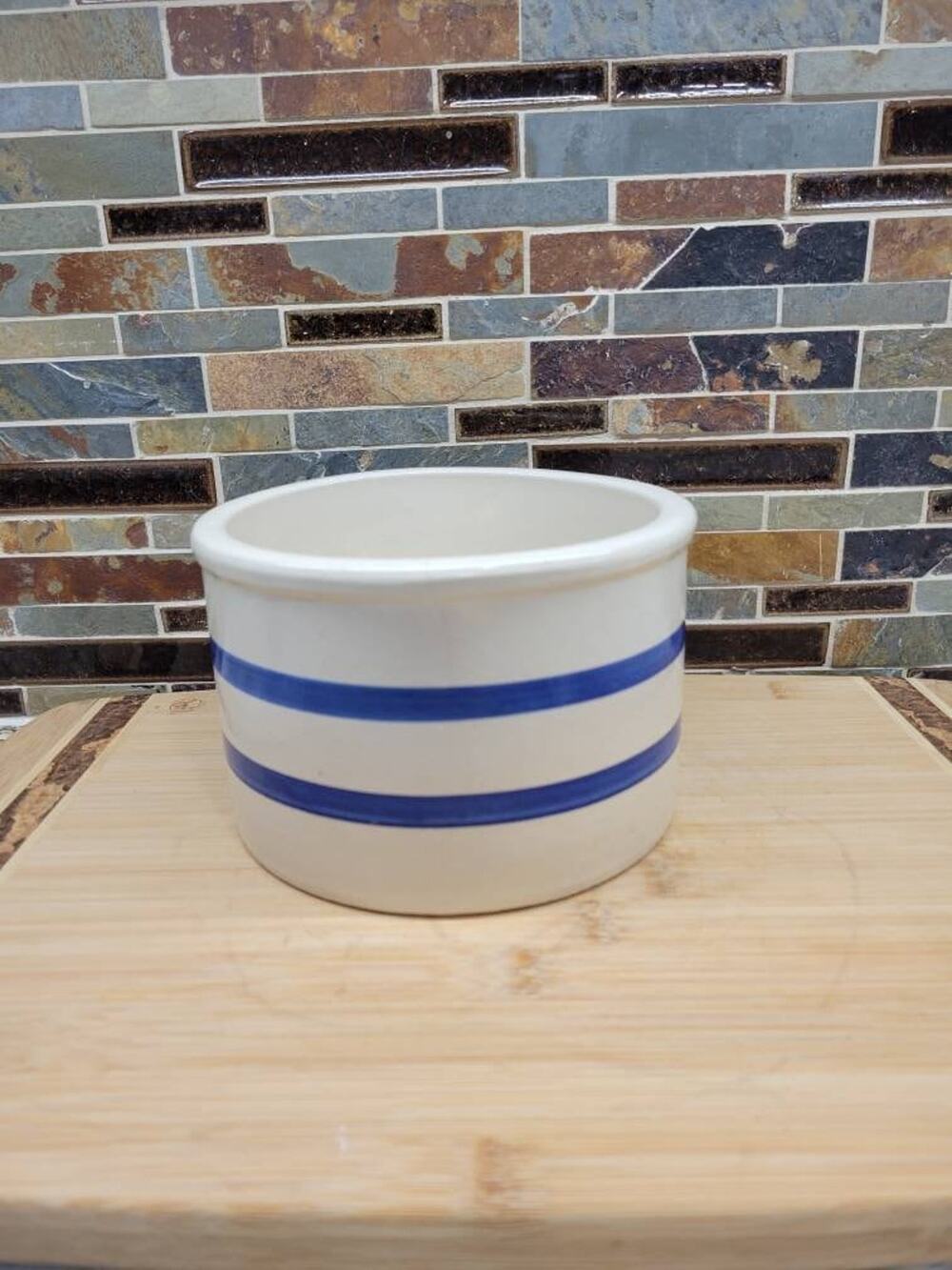 Vintage RRP Co Roseville Ohio Pottery Blue Banded Stoneware 1 qt Crock Low Jar